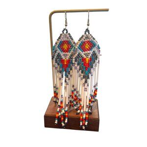 Handmade Native-Style Beaded Dangle Earrings – 5 ½” Long